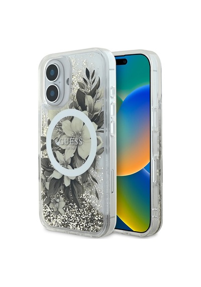 Apple Uyumlu iPhone 16 Plus Kılıf Guess Lisanslı Magsafe Şarj Özellikli Sıvılı Simli Çiçek Desenli Bej