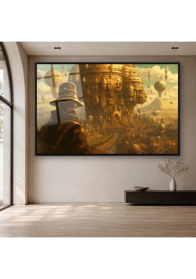 Steampunk Şehre Bakan Yolcu Siyah Çerçeveli Cam Tablo