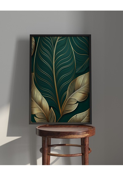 Tablo Ahşap Çerçeveli Tablo Çerçeveli Poster Altın Ve Yeşil Yapraklı Tablo, Çiçek Temalı Tablo