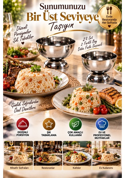 2'li Set - Paslanmaz Çelik Pilav Ve Helva Kalıbı 9,5 Cm 11 Cm Yuvarlak Sunum Porsiyonlama Kalıbı Gümüş