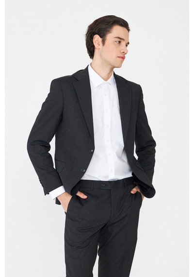 Koyu Gri İnce Dokulu Kumaş Modern Slim Fit Klasik Yaka Premium Takım Elbise Füme