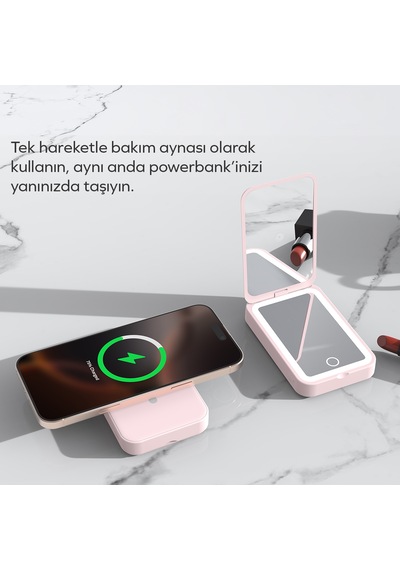 Woyax Ledli Makyaj Aynalı Powerbank 3000mah Taşınabilir Şarj Cihazı Apple Uyumlu iPhone Samsung Xiaomi Pembe