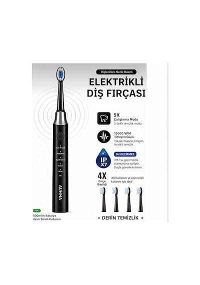 Amf13 Siyah Şarjlı Elektrikli Diş Fırçası 5 Modlu Ipx7 Su Geçirmez 4 Yedek Başlıklı Set