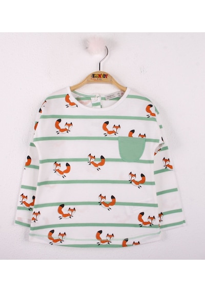 Toontoy Kids Toontoy Kız Bebek T-shirt Çizgili Cepli Tilki Baskı Yeşil