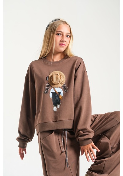 Loco Loco Kahverengi Baskılı Şapka Aksesuarlı Çocuk Sweatshirt