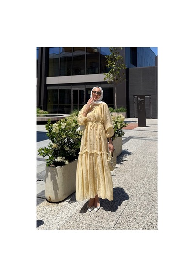 Riella Butik Perilla Fırfır Detaylı Tesettür Elbise Sarı