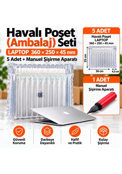 Havalı Poşet Ambalaj Seti 5 Adet Laptop 36cm X 25cm X 4.5cm + Şişirme Aparatı