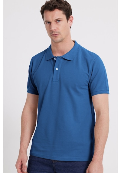 Tudors Erkek Slim Fit Dar Kesim %100 Pamuk Kısa Kollu Polo Yaka Mavi Tişört-50256