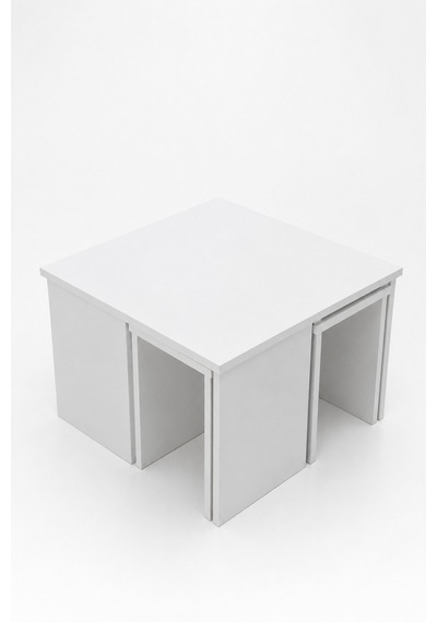 5'li Zigon Sehpa Takımı Beyaz İç İçe Geçmeli 1 Büyük + 4 Mini Modern Orta Sehpa Beyaz Beyaz