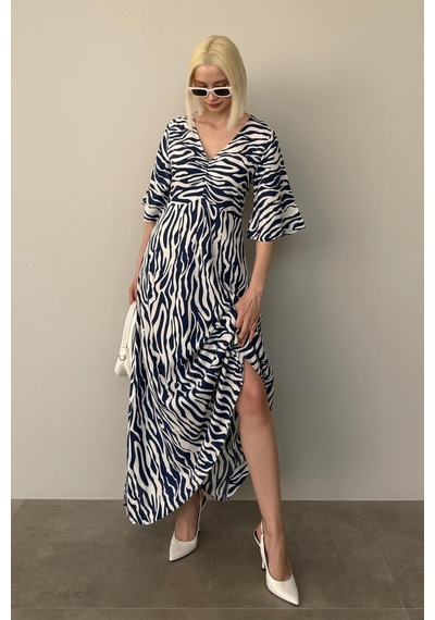 Madmext Lacivert Zebra Desenli V Yaka Yarım Kollu Elbise Mg2394