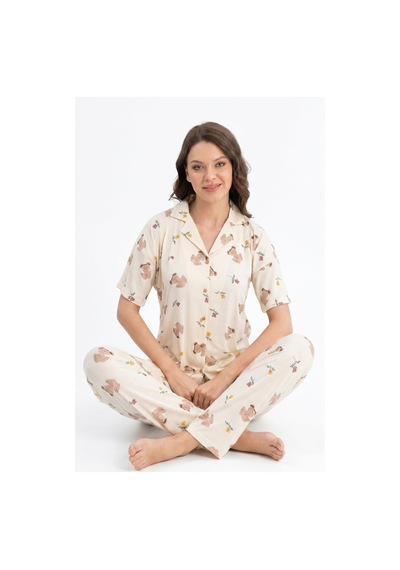 Hepsine Rakip Kadın Düğmeli Kısa Kollu Uzun Alt Pijama Takımı Ayıcık Desenli 7515 Ekru
