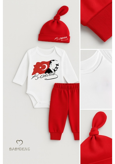 Babyden's Atatürk Baskılı 3 Lü Bebek Takımı %100 Pamuk Uzun Kollu Çıtçıtlı Body Pantolon Şapka Yenidoğan Seti Kırmızı - Beyaz