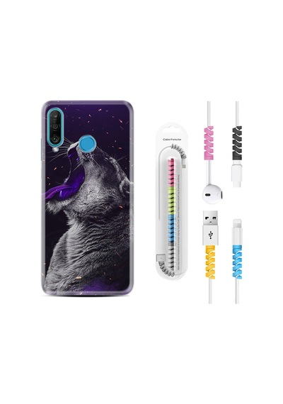 Huawei P30 Lite Kılıf Kablo Koruyuculu Purple Leopar 1750