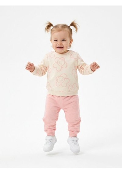 HelloBaby Pamuklu Çiçek Detaylı 2li Kız Bebek Takım Somon