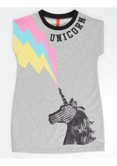 Gri Unicorn Payet İşlemeli Kız Çocuk Yazlık Elbise