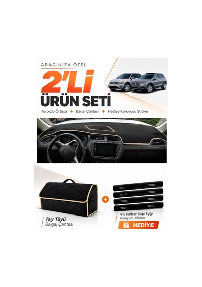 E-biz Volkswagen Tiguan 2016-2023 Uyumlu Torpido Örtüsü + Tay Tüyü Çanta - Siyah-bej - Vw024