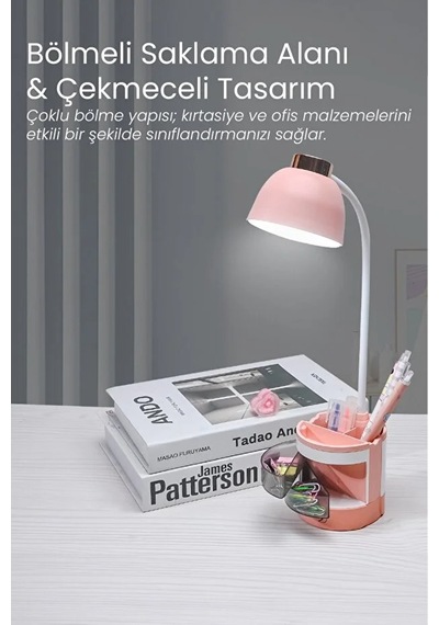 Göz Korumalı Led Masa Lambası Mavi Işık Filtreli, 4 Işık Modlu, Telefon Tutuculu, 360 Esnek Gövde Pembe