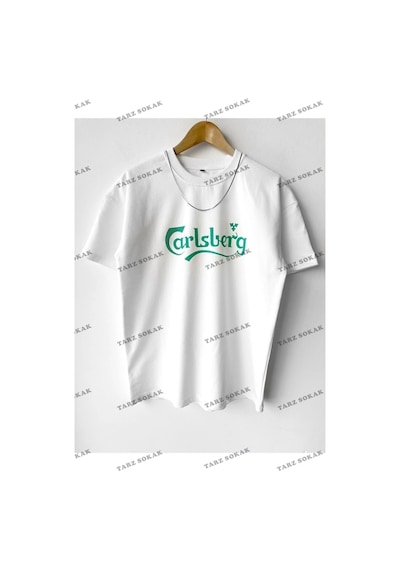 Erkek Oversize Calsberg Baskılı Bisiklet Yaka Beyaz