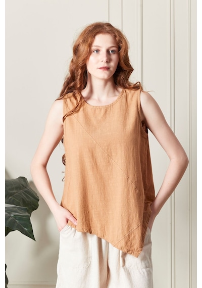 Asimetrik Kesim Keten Bluz, Parçalı Tasarım CAMEL
