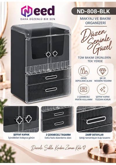 Need Yonca Kulplu Dolap Tasarımlı Çekmeceli Makyaj Ve Kozmetik Organizeri Siyah / Siyah Kulp Nd-808-blk
