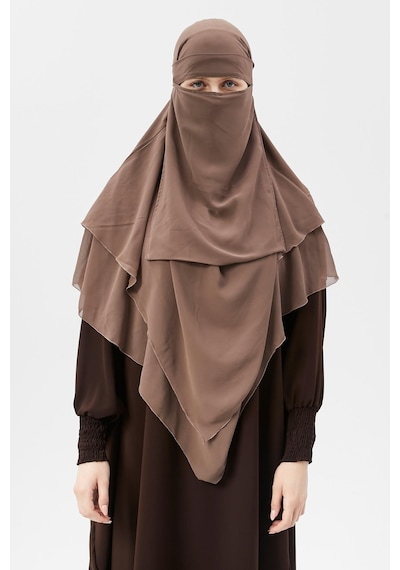 Altobeh Hazır Pratik Şifon Üç Katlı Peçeli Üçgen Hac Umre Şalı Sufle Hijab Nikap Koyu Vizon