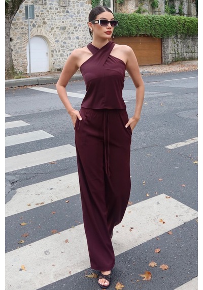 Kechi Woman Linda Twill Kumaş Boyundan Geçmeli Takım Bordo