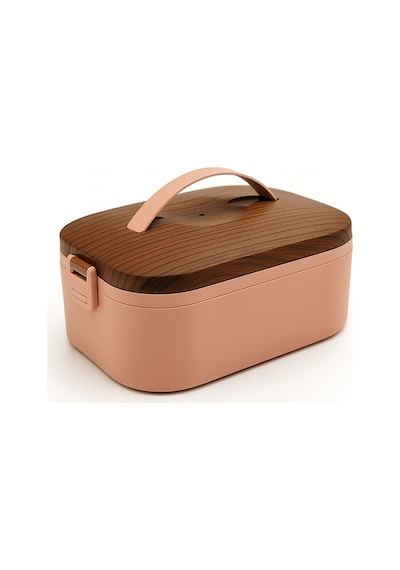 Lunchee - Çelik Bölmeli Sızdırmaz Ahşap Görünümlü Vakum Kapaklı Yemek Kabı Lunchbox 650 Ml Pembe