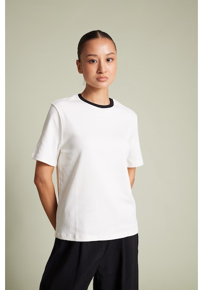 Pamuklu Kısa Kollu Kontrast Bisiklet Yaka T-shirt Ekru