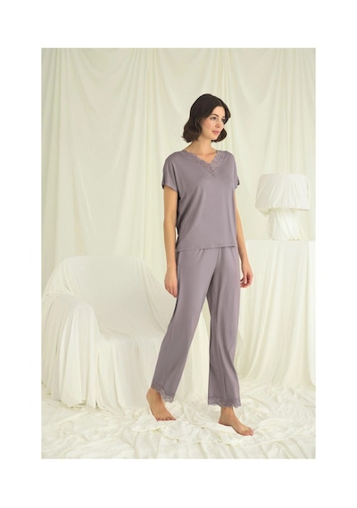 Litae Herşeytrend Kısa Kollu V Yakalı Dantelli Pijama Takımı Gri