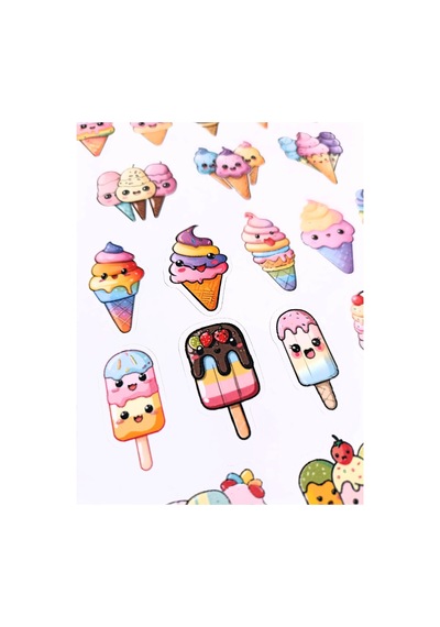 Kawaii Sevimli Dondurmalar Sticker Sayfası 45 Adet 17x25 cm