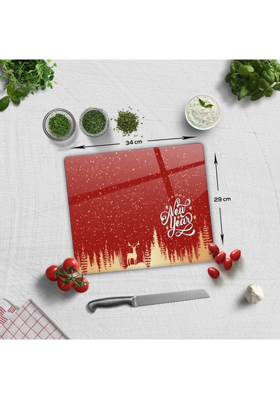 Decorita Cam Kesme Tahtası|Happy New Year KırmızıSilüet|29cmx34cm