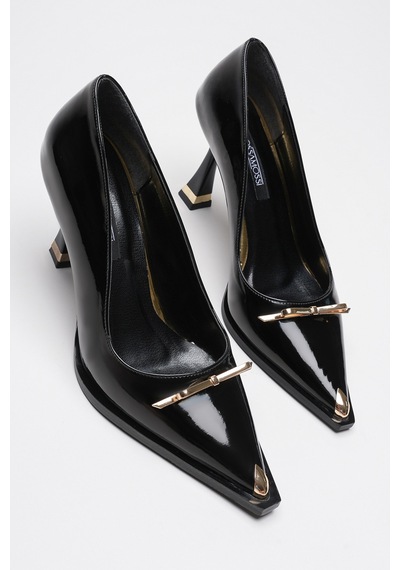 Alewomen Luana Siyah Rugan Gold Toka Detaylı 10 Cm Topuklu Kadın Stiletto Siyah