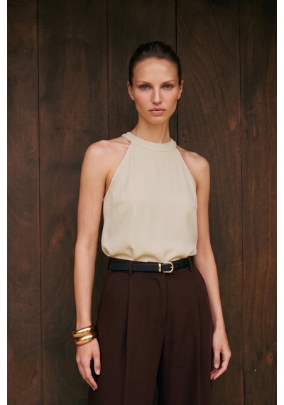 Sateen Halter Yaka Bluz - Bej-137736