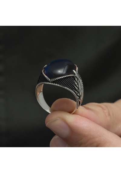 Mavi Kaplan Gözü Taşlı Oval 925 Gümüş Erkek Yüzük