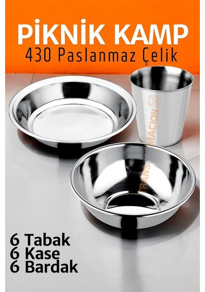 Transformacion Paslanmaz Çelik Tabak Kase Bardak Seti Kamp Piknik Seti 18 Adet, 7430000721502 Genel