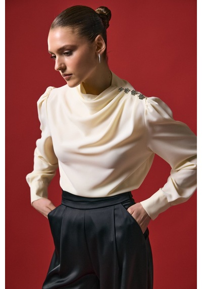 Düğmeleri Taş Detaylı Bluz - Sarı-136995