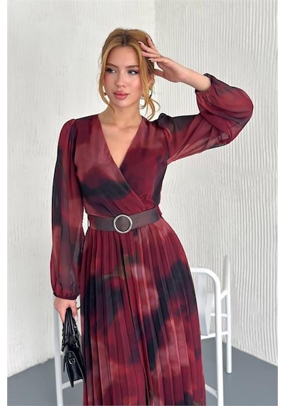 Neşeli Butik Kadın Astarlı Midi Boy Şifon Elbise Nbk20301 Bordo