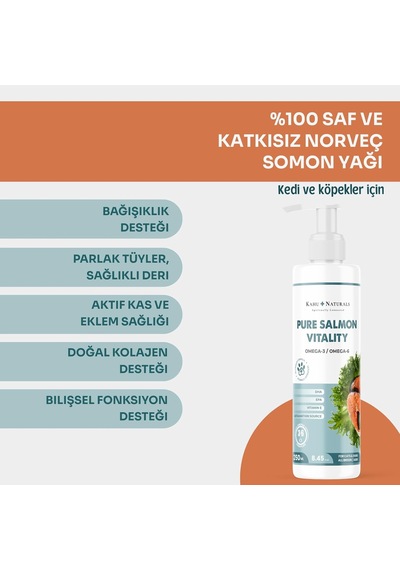 Pure Salmon Vitality%100 Doğal Norveç Somon Yağı, Omega 3 Ve 6, E Vitamini, Kedi Ve Köpek, 250 Ml