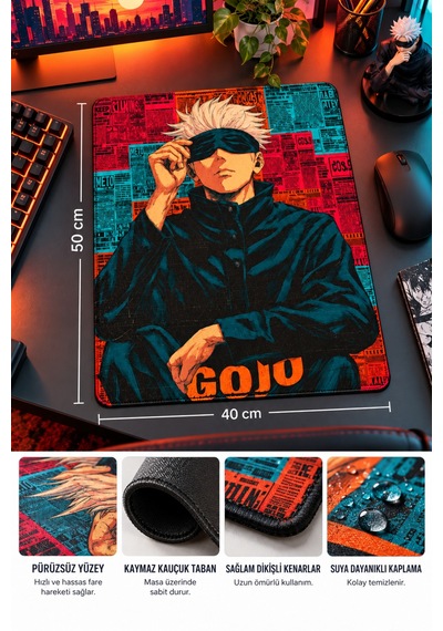 50x40 Cm Jjk Gojo Desenli Gaming Oyuncu Mouse Pad Kaymaz Taban Büyük Fare Altlığı
