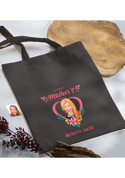 Bk Gift Kişiye Özel Anneler Günü Karikatürlü Antrasit Kumaş Bez Çanta, Baskılı Omuz Çantası, Alışveriş Çantası, Anneye Hediye-5 Antrasit