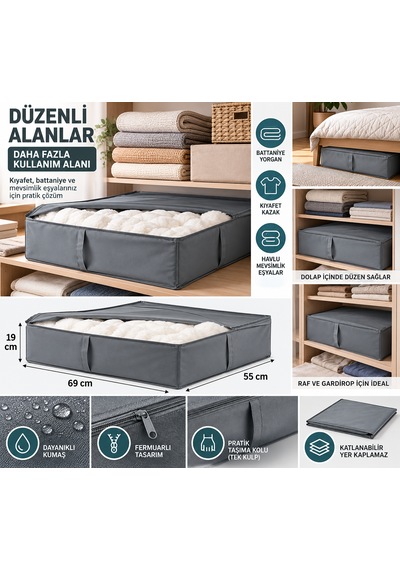 Gri Kumaş Saklama Hurcu 69x55x19 Cm Dolap İçi Düzenleyici Büyük Boy Kıyafet Ve Battaniye Organizer