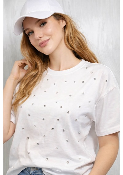Fashion Friends İncili Ve Taşlı Beyaz Kadın Bluz 26y0082k1