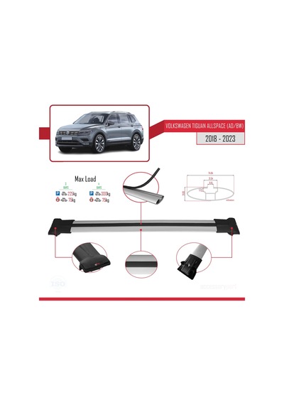 Volkswagen Tiguan Allspace Ad/bw 2018-2023 Arası İle Uyumlu Fly Model Ara Atkı Tavan Barı Gri 3 Adet Bar