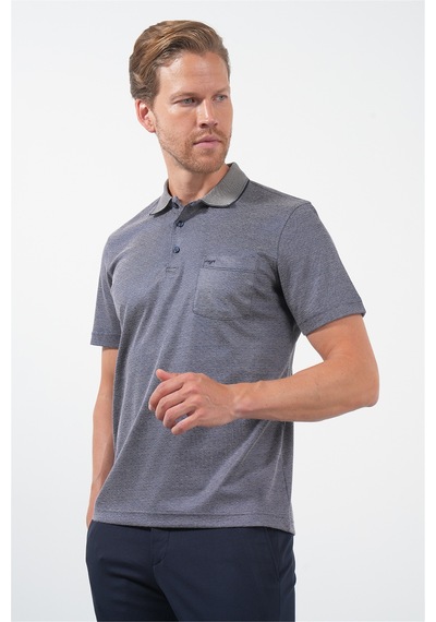 Lacivert-bej Kendinden Desenli Polo Yaka Kısa Kol Cepli Comfort Fit Pamuklu Tişört 1011260152 Lacivert - Bej