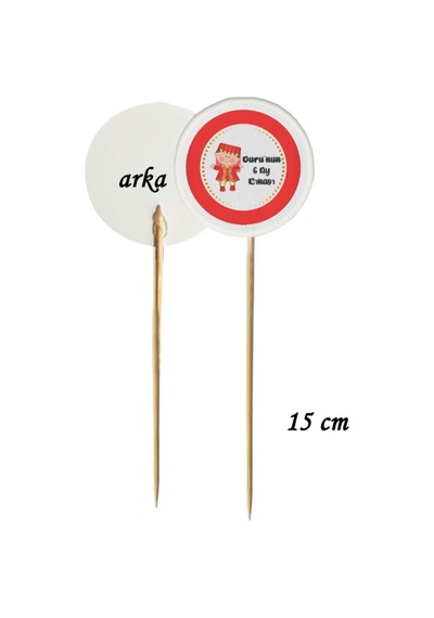 15 Cm Uzun Kürdan - 20 Adet Kişiye Özel Yuvarlak Bayraklı 6 Ay Kınası Pasta Kürdanı -1