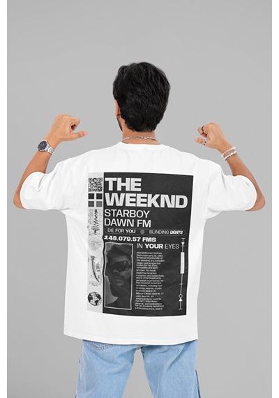 Sevbano The Weeknd Starboy Dawn Fm Baskılı Unisex Oversize Rapper Tişört Beyaz