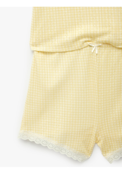 Koton Dantel Detaylı Rahat Kalıp V Yaka Pamuklu Askılı Şortlu Pijama Takımı Sarı Ekose 6slk40200mk Sarı Ekoseli