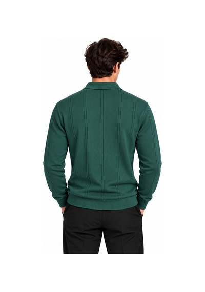 Erkek Fitilli Polo Yaka Fermuarlı Örme Triko Kazak 27151 Koyu Yeşil-aw17