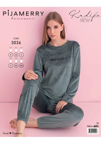 Pijamerry Kadın Kışlık Bisiklet Yaka Kadife Pijama Takımı 3036y - 1 Adet Yeşil