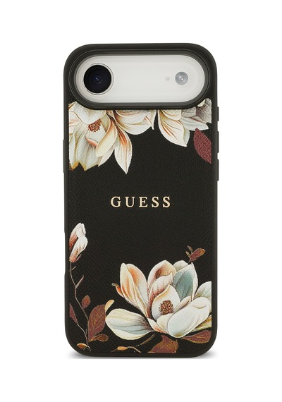 Apple Uyumlu iPhone 17 Air Kılıf Guess Lisanslı M-safeli Taneli Çiçek Tasarımlı Metal Yazı Logolu Siyah Siyah